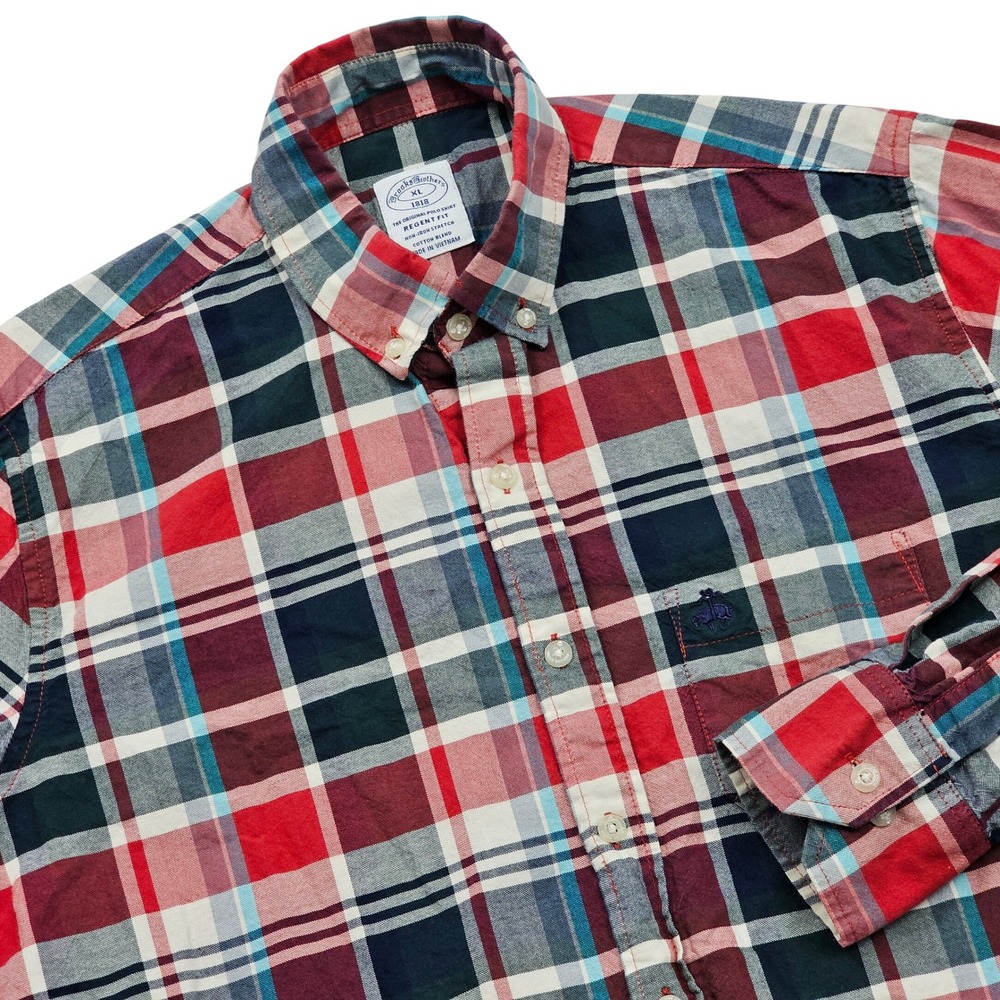 Brooks Brothers Shirt Mens XL Red Navy Plaid Regent Fit Non-Iron Preppy Business